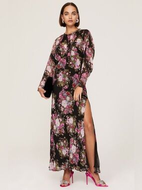 LoveShackFancy Black floral gown with a slit size 4